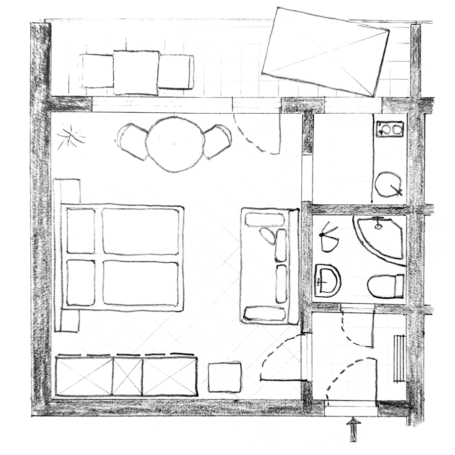 Grundriss der Raumaufteilung der Ferienwohnung mit allen Wohnbereichen.