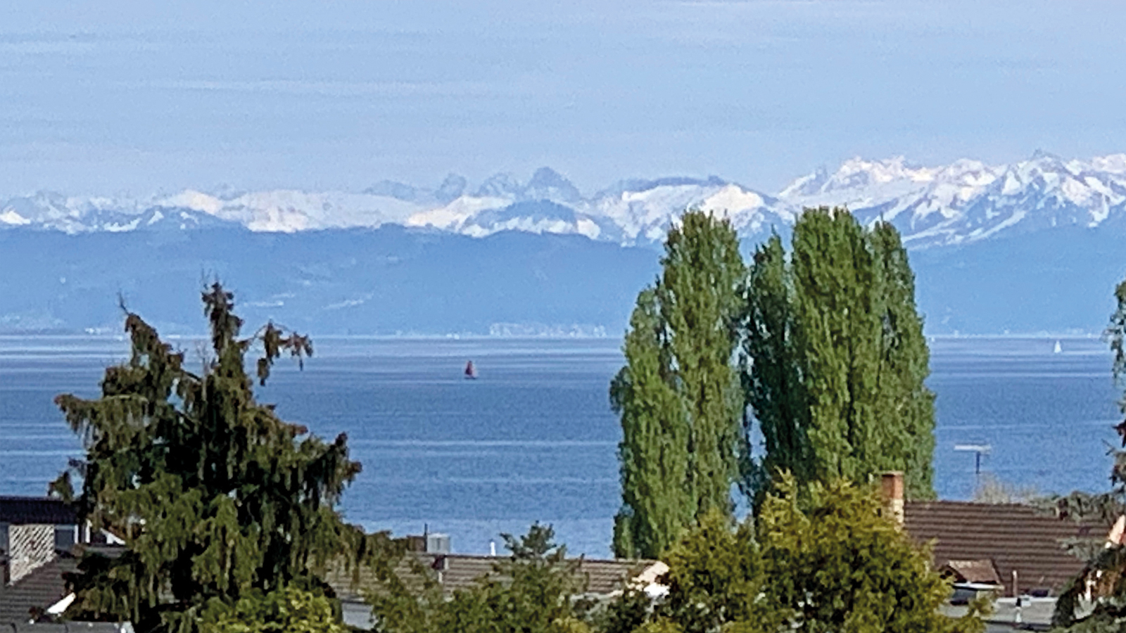 Aussicht vom Apartment in Konstanz auf den Bodensee und schneebedeckte Alpen